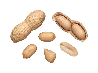 Obraz premium Arrangement of whole peanut in shell, cracked shell with kernels, and several loose nuts.