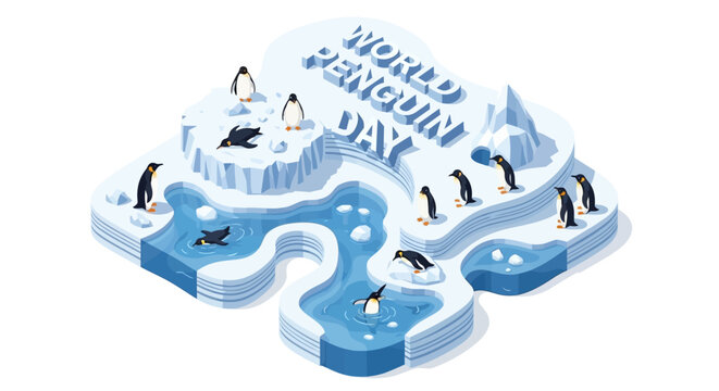Isometric illustration featuring World Penguin Day celebrated with cartoon penguins on ice floes in Antarctica, set against a clean white background and rendered in a cheerful, vibrant