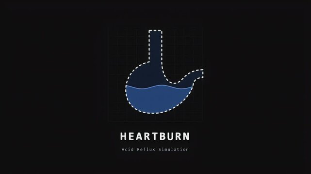 Minimalist motion graphic animation simulating acid reflux and heartburn symptoms within a human stomach outline