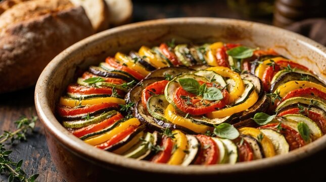 Freshly roasted colorful ratatouille vegetable medley in rustic terracotta baking dish with zucchini eggplant bellpeppers tomatoes and basil garnish healthy vegetarian dinner concept