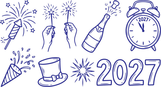 Blue hand drawn New Year 2027 celebration icons vector set