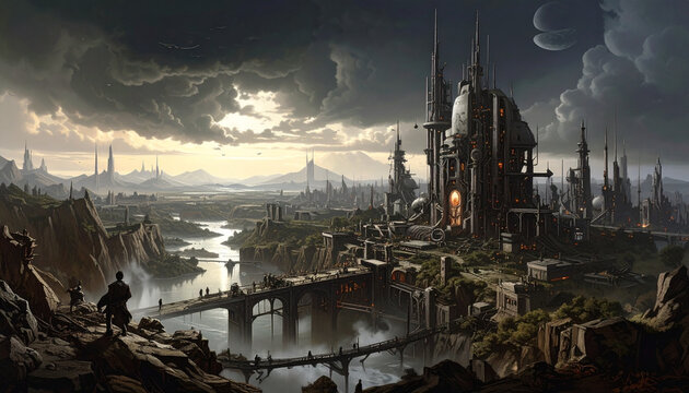 Futuristic industrial fortress city landscape with dramatic sky.