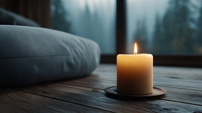 Lit candle on wooden floor near cushion, calm interior with soft window light and forest view