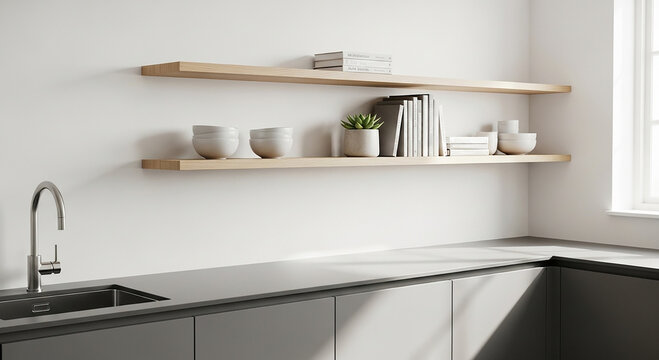 Minimalist kitchen with black countertop and wooden shelves displaying white bowls and books