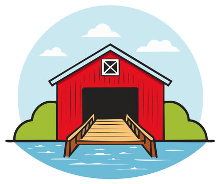 Red Covered Bridge Over Water with Blue Sky and Clouds Rural Landscape Illustration