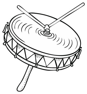 Line art illustration of a handheld drum with two drumsticks on a white background