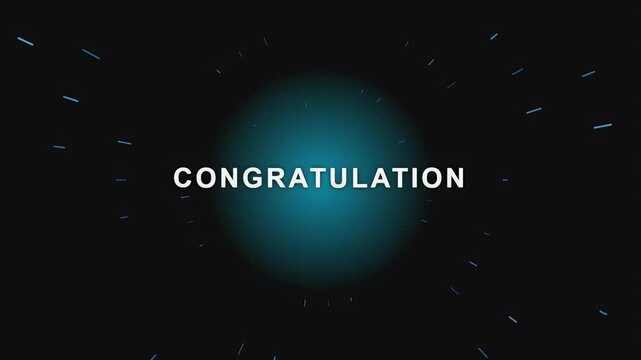 Motion graphic of the word congratulation in bold white font with blue particle streaks flying towards the viewer.
