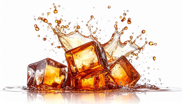Ice cubes falling into a refreshing splash of cola.