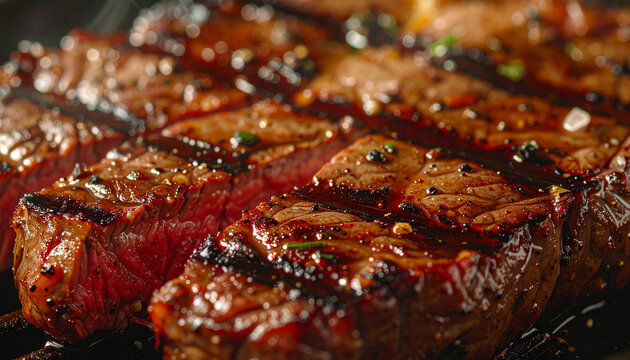 Juicy grilled steaks cooking on a hot barbecue grill.