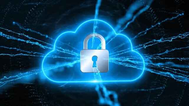 A glowing blue lock secures a cloud amidst crackling energy lines and broken chains.