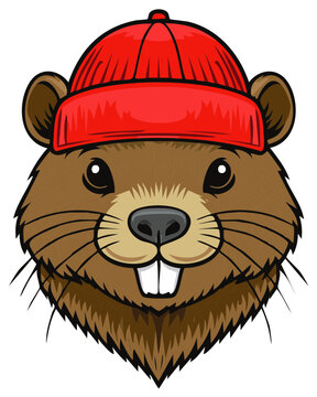 Friendly cartoon beaver mascot head with buck teeth wearing a red beanie