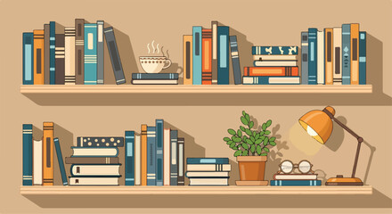 Colorful bookshelf with books, coffee, plant, and lamp © Hilii