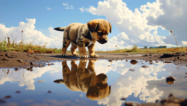 Puppy standing in a puddle