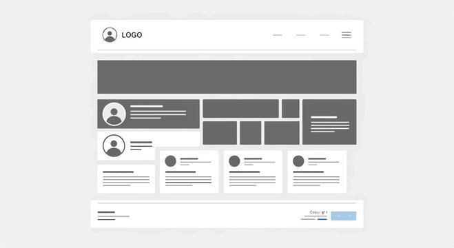 A wireframe template with various rectangles and icons