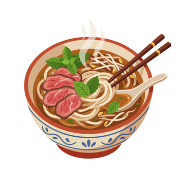 Delicious steaming bowl of Vietnamese pho noodle soup with beef, herbs, and chopsticks.
