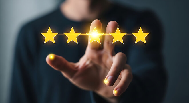 A person giving a five-star rating with their hand in a dark background
