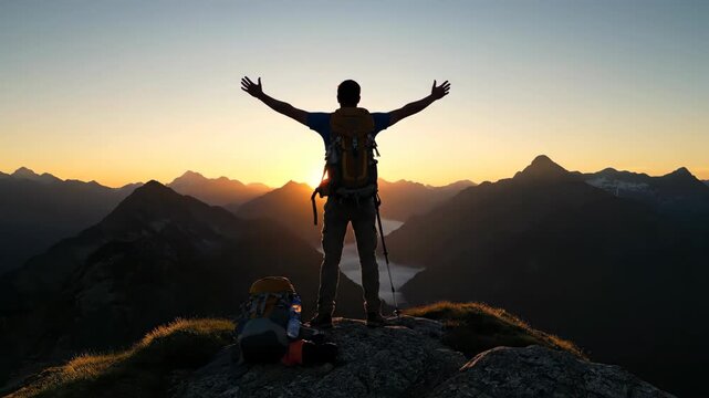 A triumphant figure stands on a mountain peak at sunset with arms outstretched