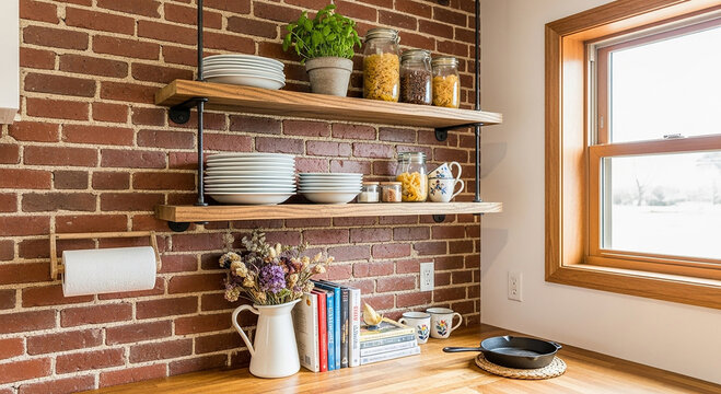 Rustic kitchen corner with wooden shelves and white dishes on brick wall