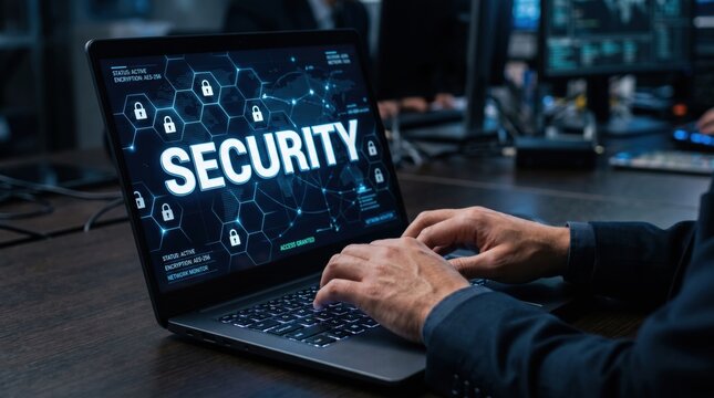 Press enter button on the keyboard computer Shield cyber Key lock security system abstract technology world digital link cyber security on hi tech Dark blue background, lock finger Keyboard