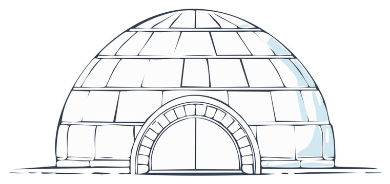 Stylized igloo illustration with ice blocks forming arched entrance and dome structure in a simplistic design