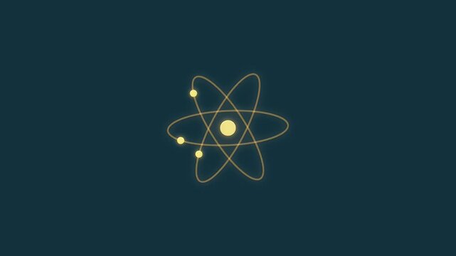 Minimalist animation of an atom with electrons orbiting a central nucleus for science and physics education