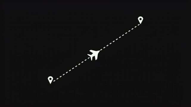 Animated airplane icon flying along a dashed path between two location pins representing travel and logistics