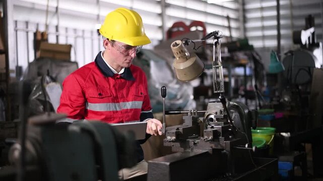 Engineer Industrial work with lathe machine operating in workshop precisely shaping metal workpiece cutting tools rotating spindle controlled movement  accuracy machining and manufacturing processes.