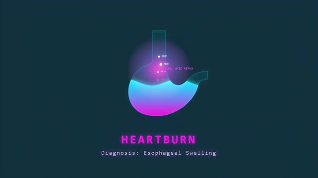 Futuristic neon medical animation of a stomach experiencing heartburn and esophageal swelling with digital labels