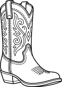 Western cowboy boot outline illustration featuring traditional leather footwear with decorative stitching rustic style and country fashion vector design
