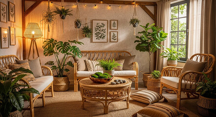 Fototapeta premium Cozy Living Room with Rattan Furniture and Hanging Plants natural light
