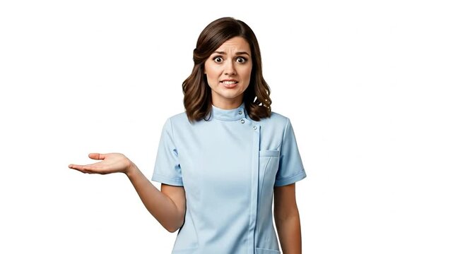 Expressing Uncertainty: A thoughtful woman, dressed in a light blue medical uniform, extends her hand in a gesture of perplexity. This image captures the essence of doubt or questioning.