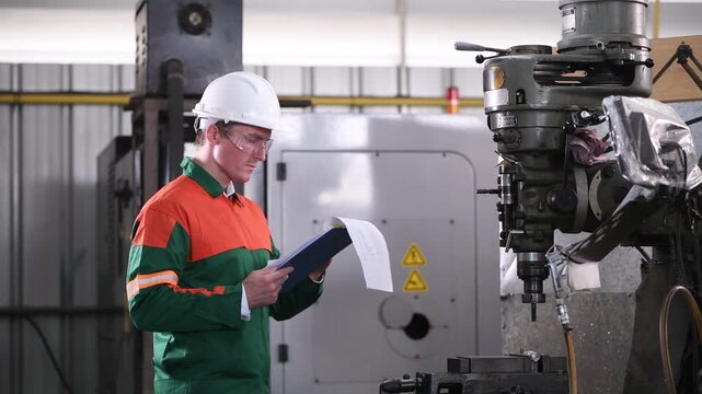 Engineer Industrial work with lathe machine operating in workshop precisely shaping metal workpiece cutting tools rotating spindle controlled movement  accuracy machining and manufacturing processes.