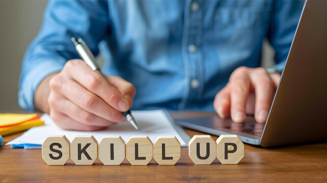 Person writing notes with 'SKILLUP' blocks and a laptop, illustrating the concept of continuous professional development, learning, and career advancement
