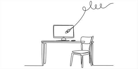 Fototapeta premium Continuous single line drawing of a computer monitor on a desk with a chair in an office workspace setup Vector, illustration