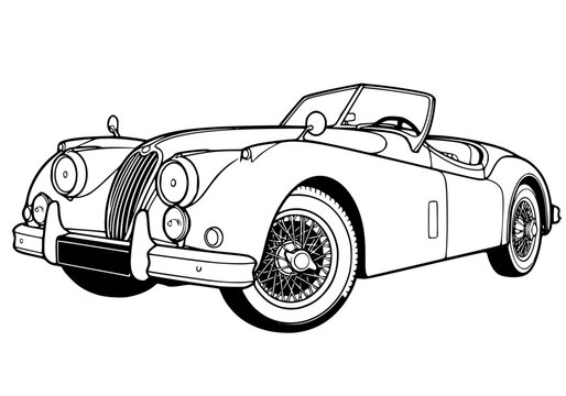 Vintage European classic sports car line art, 1950s luxury convertible roadster vector illustration