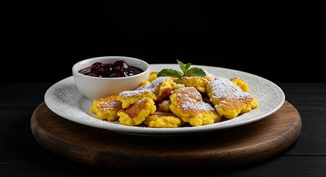 A round white porcelain plate holding a serving of fluffy, vibrant yellow Austrian Kaiserschmarrn (shredded pancake), dusted with powdered sugar, served with a small bowl of plum compote, set on a dar