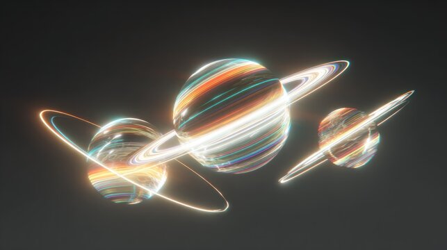 Abstract celestial bodies with glowing rings on a dark background