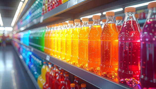 Rows of colorful bottled drinks arranged on supermarket shelves