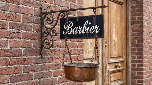 Vintage French 'Barbier' Sign and Copper Basin Outside an Old Shop