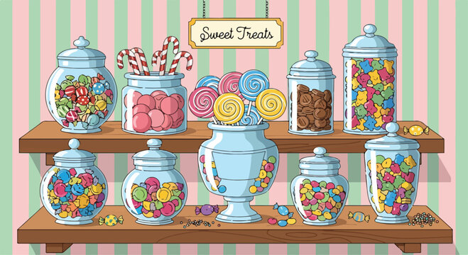 Colorful candy display on wooden shelf