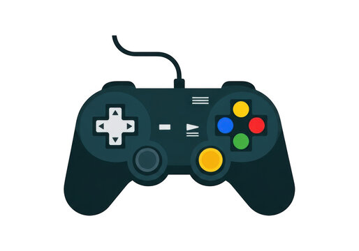 Flat vector illustration of a modern gaming controller with colorful buttons isolated on transparent background