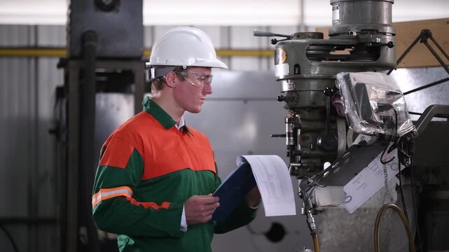 Engineer Industrial work with lathe machine operating in workshop precisely shaping metal workpiece cutting tools rotating spindle controlled movement  accuracy machining and manufacturing processes.