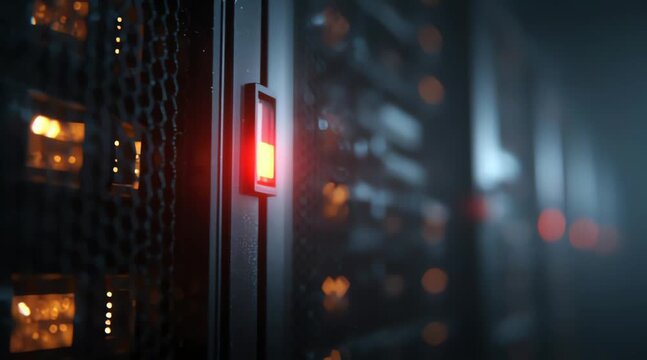 Intricate view of server rack lights in a modern data center, with a prominent red indicator highlighting system activity or a critical alert status