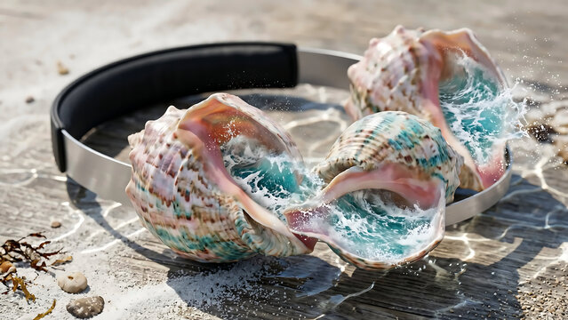 Office headset with iridescent conch shell earcups and ocean wave splashes