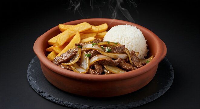 A deep, rustic terracotta bowl of steaming Peruvian Lomo Saltado (stir-fried beef and potato dish), showing visible strips of beef, sliced onion, and thick-cut fries, a small mound of white rice, set 