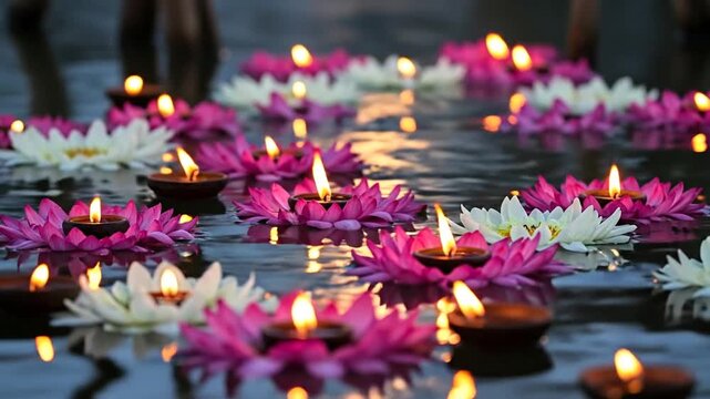 Floating Lanterns and Floating Candles on Water in Night Pool Setting