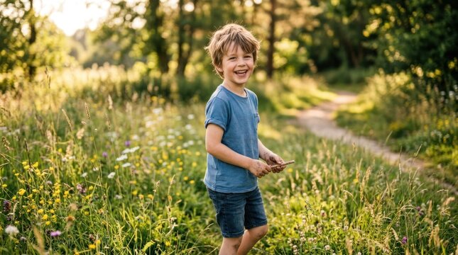 A young boy in a blue shirt and shorts standing in a grassy field with wildflowers, smiling and holding a small, round, brown object in his right hand.
