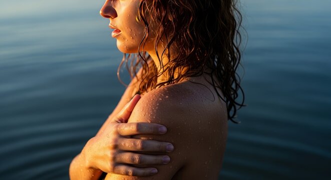 Woman with wet hair in water at sunset, close-up portrait, golden hour light