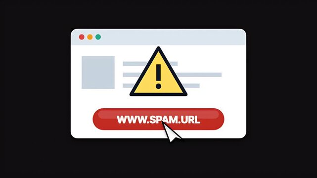 A mouse cursor hovers over a malicious spam link button on a browser window with a warning sign icon