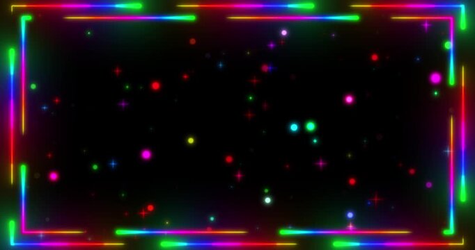 Multicolor neon glowing rectangle border frame with colorful sparkling particles and stars, Festive decorative, holiday celebration background overlay.